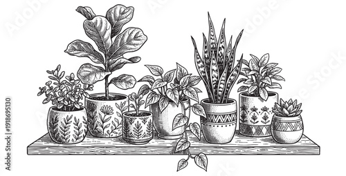 various succulent and tropical houseplants in decorative pots sitting on a rustic wooden shelf.