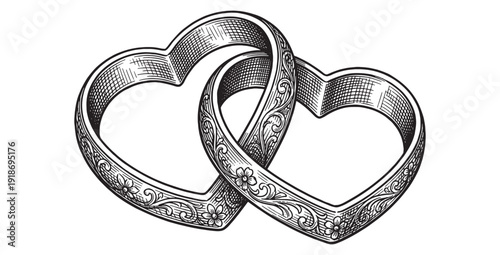 Two interlocking heart-shaped wedding rings with ornate floral engravings in a detailed black and white illustration.