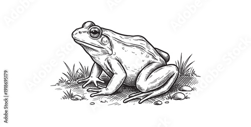 frog sitting on the ground near grass