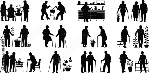 Black silhouette collection of diverse people walking children holding hands person in wheelchair and seniors using walking sticks for community