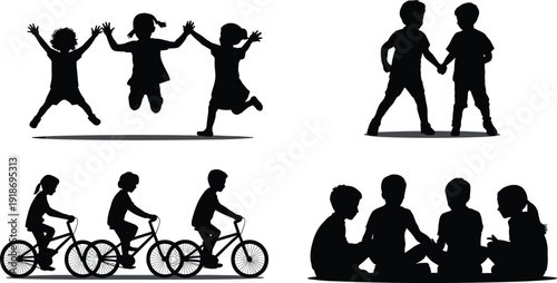 Children silhouettes playing together jumping holding hands cycling and sitting isolated on white background showing friendship childhood lifestyle concept