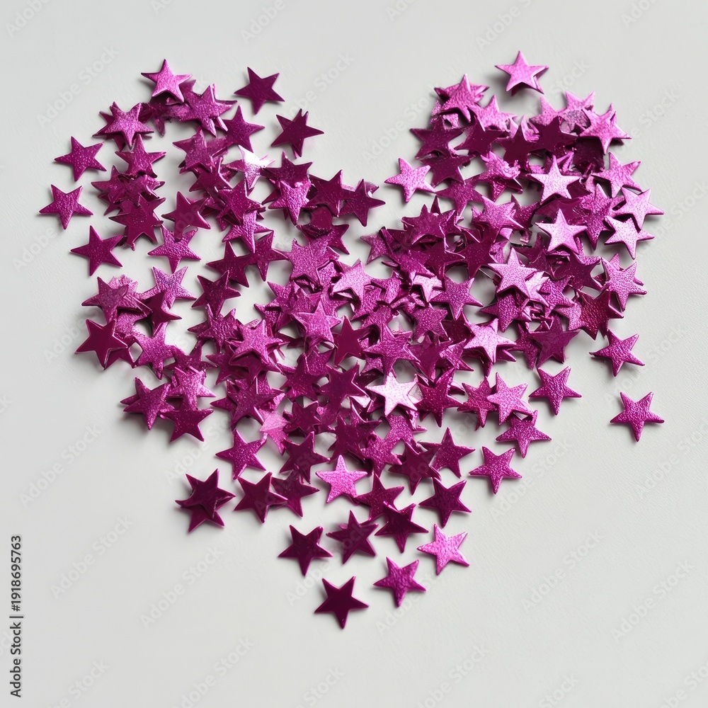 Fototapeta premium A heart shape formed from many magenta star-shaped confetti on a white background
