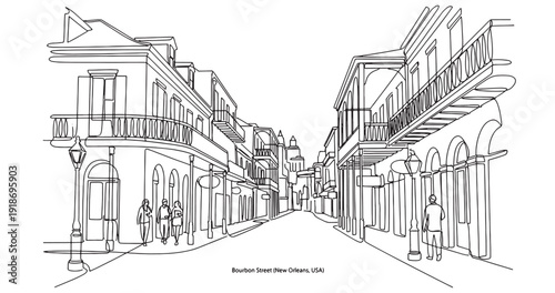 Continuous Line Art of Bourbon Street, New Orleans