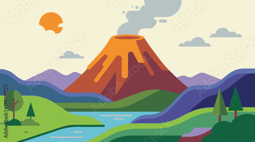 Minimalist flat design landscape with erupting volcano, river, mountains, and sun