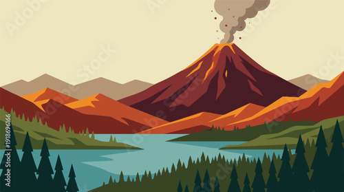 Flat design landscape with active volcano, forest, and tranquil lake