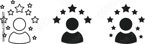 Set of minimalist black user profile icons with star ratings representing customer feedback, professional experience, top talent, and human resources.
