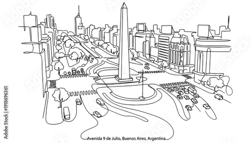 Continuous Line Art of Avenida 9 de Julio and Obelisco