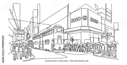 Continuous Line Sketch of Causeway Bay, Hong Kong