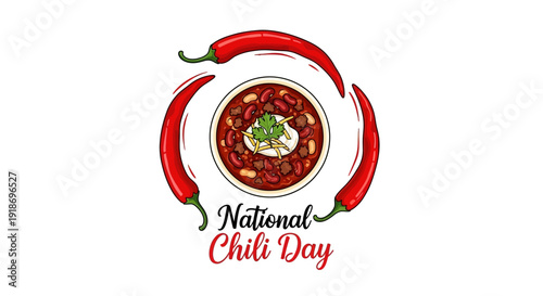 Vector illustration of a bowl of chili con carne with chili peppers and green onions, celebrating National Chili Day 2026 with a family recipe for a hearty, spicy, and savory comfort food.