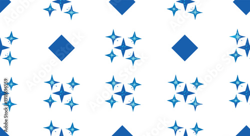 Seamless pattern with blue sparkling stars and geometric diamond shapes on a white background for festive holiday gift wrap design.
