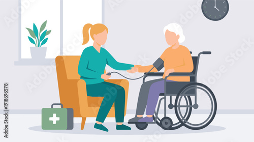 Caregiver measuring blood pressure of elderly woman in wheelchair at home