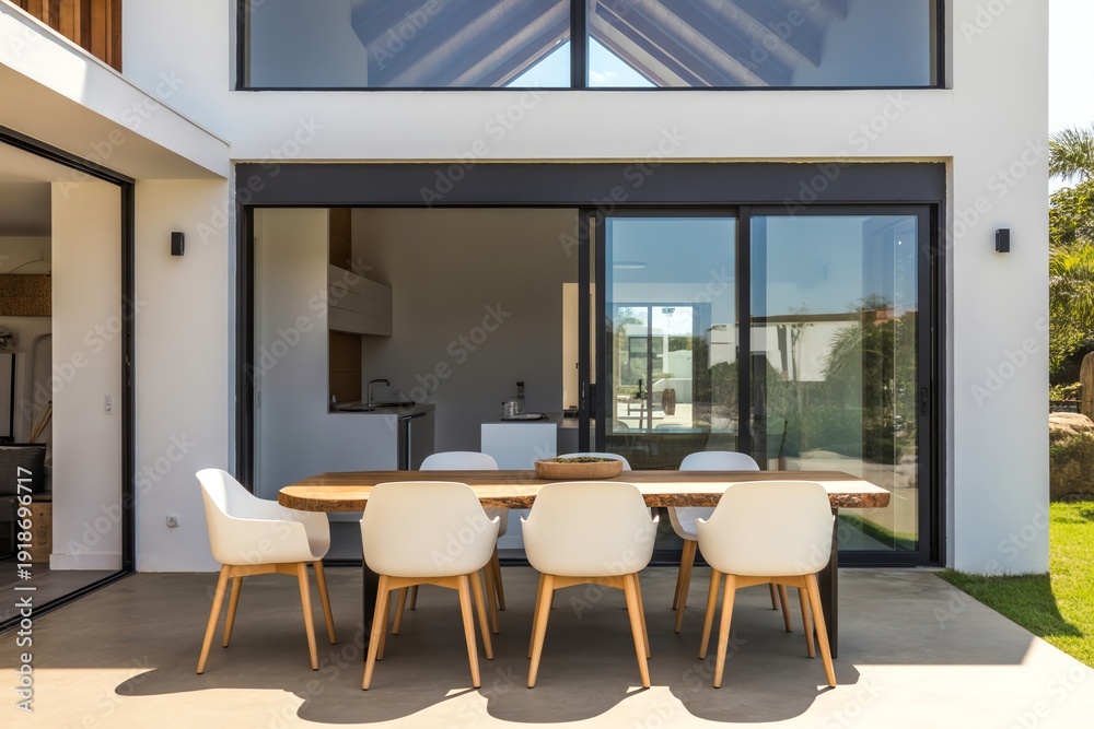 Fototapeta premium Modern patio dining set with white chairs and a live-edge wooden table outside a contemporary house with large sliding glass doors, perfect for outdoor entertaining.
