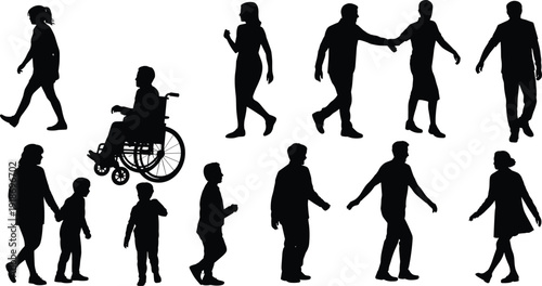 Black silhouette collection featuring furniture chairs crawling poses romantic couple profiles and diverse groups of walking people with wheelchair user icons