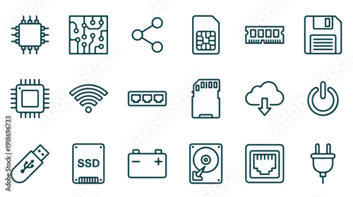 Set of diverse technology and computer hardware outline icons