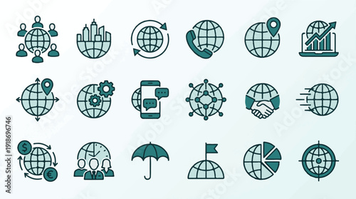 Set of global business, communication, and technology vector icons