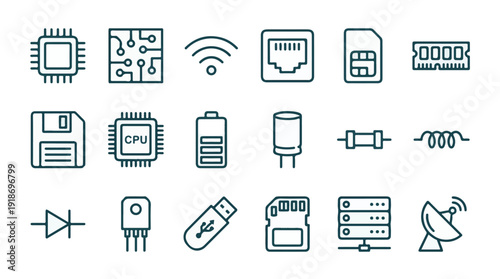 Technology and Electronic Components Outline Icon Set Collection