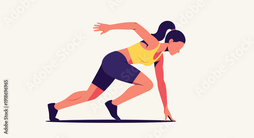 Female athlete in sprinting starting block position, racing preparation