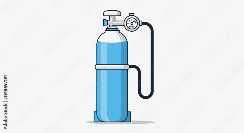 Fototapeta premium A blue oxygen tank with a regulator and hose, standing upright, ready for medical or industrial use, viewed from the side.