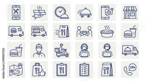 Collection of food delivery and online ordering service vector line icons