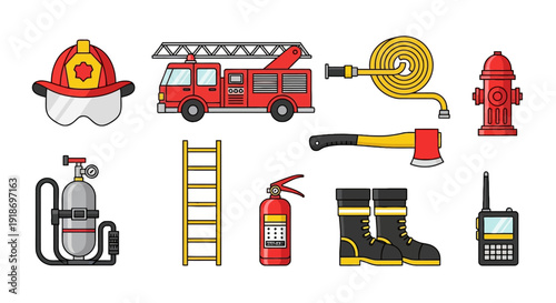 Collection of firefighting equipment and safety gear including helmets, trucks, extinguishers, and boots, arranged neatly for emergency preparedness