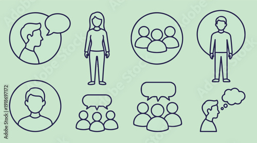 Communication, group discussion, individual thought, and user profile icons