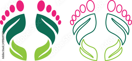 Footprint illustration with green leaves and red toes on white background