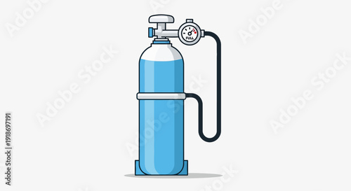 A blue oxygen tank with a regulator and hose, standing upright, ready for medical or industrial use, viewed from the side.