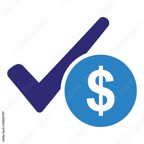 Blue check mark and dollar sign icon for finance and approval concept icon