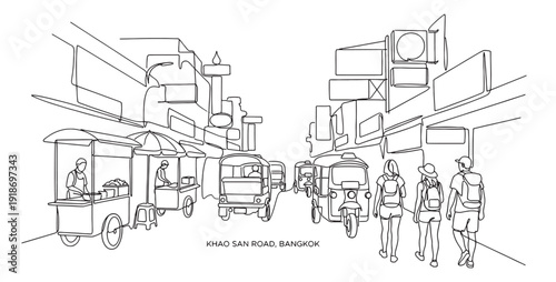 One Continuous Line Drawing of Khao San Road Bangkok with Tuk-Tuks and Street Carts
