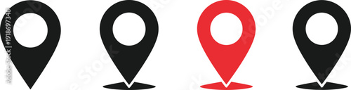 Set of four minimalist location map pin icons in black and red styles for navigation, travel destination, placement, and geographic tracking.