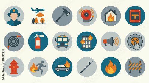 Flat Design Firefighting and Emergency Services Icon Set