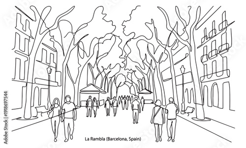 La Rambla in Barcelona Spain featuring pedestrians and stalls in a minimalist continuous line art style.
