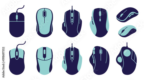 Computer mouse icons collection, wired and wireless devices in flat design