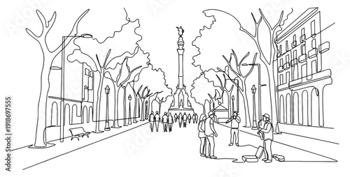 La Rambla in Barcelona Spain featuring pedestrians and stalls in a minimalist continuous line art style.