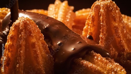 Dark Chocolate Sauce Pouring Over Golden Sugar Dusted Churros