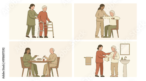 Illustration of home care assistance for elderly people in daily life