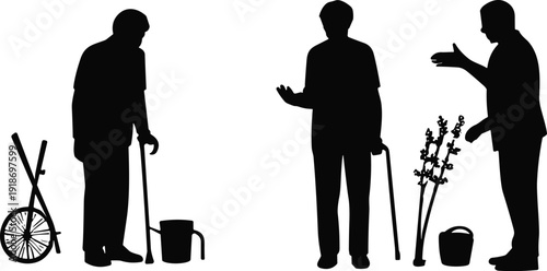 Black silhouettes of elderly people gardening and talking together with tools, watering can, and plants on a clean white background.