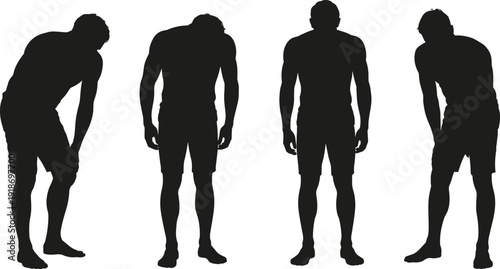 Male silhouette standing in tired exhausted poses isolated on white background fatigue stress body language human posture concept