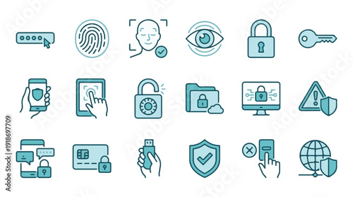 Digital Security and Cybersecurity Icons Set for Data Protection Concepts
