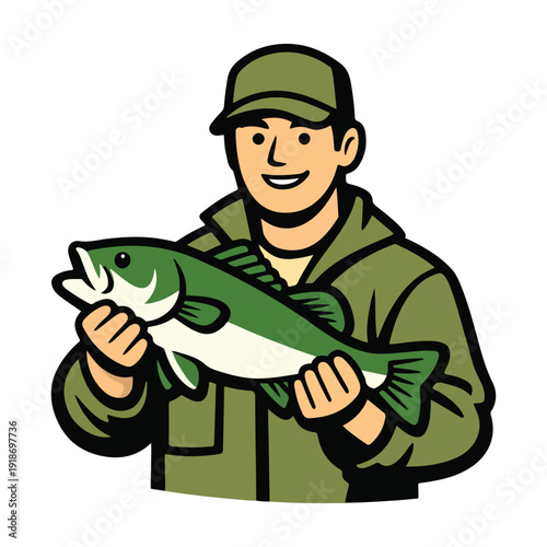 Happy Fishermen Holding Fresh Fish Vector Illustration Flat Design Cartoon Style