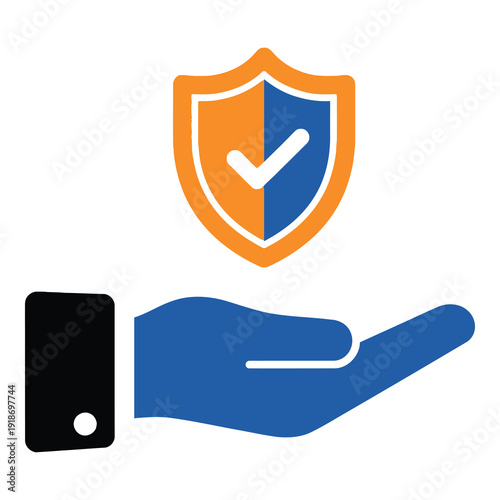 Blue hand holding smartphone with orange and blue shield icon above  protection concept icon