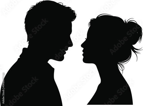 Black silhouette of romantic couple face to face featuring man and woman in profile for love relationship wedding and valentines day