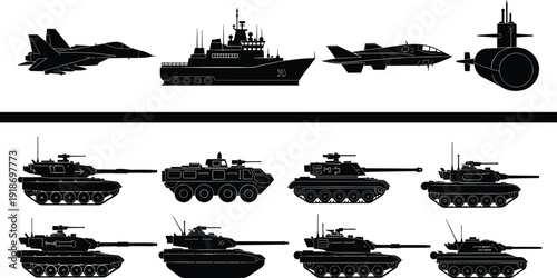 Military Vehicles Collection Silhouette Set with Battle Tanks Fighter Jets Warship and Submarine Isolated on White for Army Defense Force and War Concept