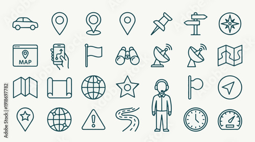 Set of travel, navigation, and location line icons for maps and apps