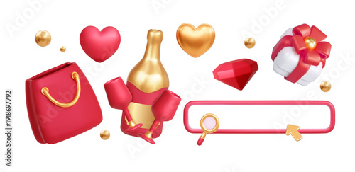 Romantic anniversary vector set with champagne gift handbag diamond and search bar. Love date luxury shopping and relationship celebration elements