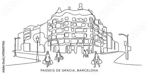 Continuous line drawing of Barcelona's Passeig de Gràcia with shoppers and Casa Milà.