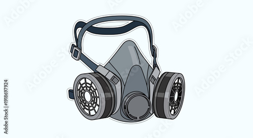 Illustration of a Gas Mask with Filters and Straps, Safety Equipment, Industrial Setting, Protective Gear, Front View