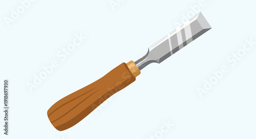A chisel with a wooden handle lies on a plain surface, viewed from above, showcasing its metal blade and ergonomic grip.