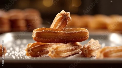 Fresh Fried Churros Being Sprinkled with Sugar on Tray