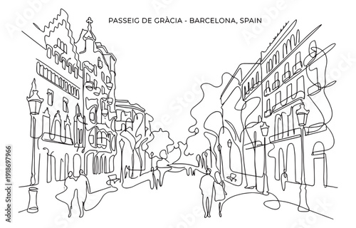 Fotografie Continuous line drawing of Barcelona's Passeig de Gràcia with shoppers and Casa Milà